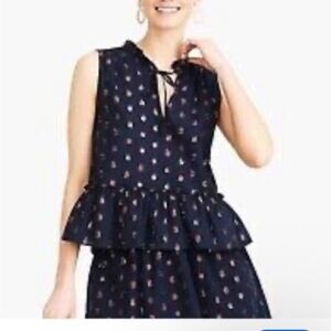 J. Crew Navy and rose gold metallic Polka Dot Blouse